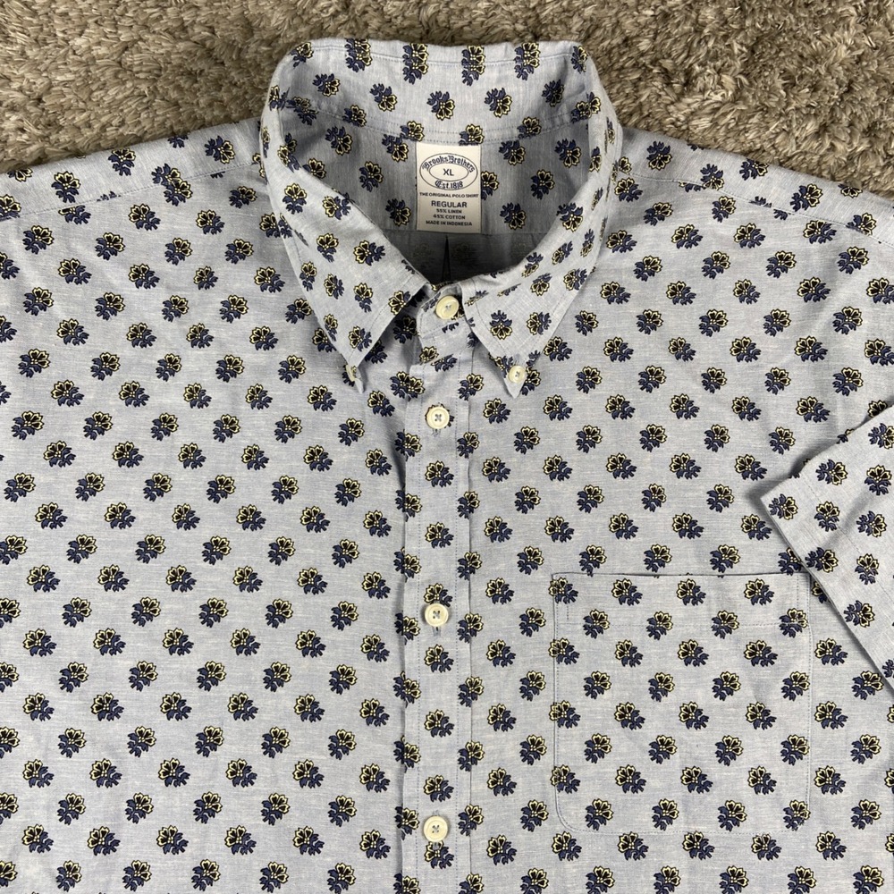 Brooks Brothers Floral Button Down Shirt Mens XL Blue Linen Blend‎ Short Sleeve
